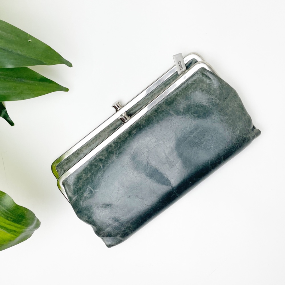 HOBO Lauren Double Frame Kisslock Wallet Blue Distressed Leather Bifold Clutch